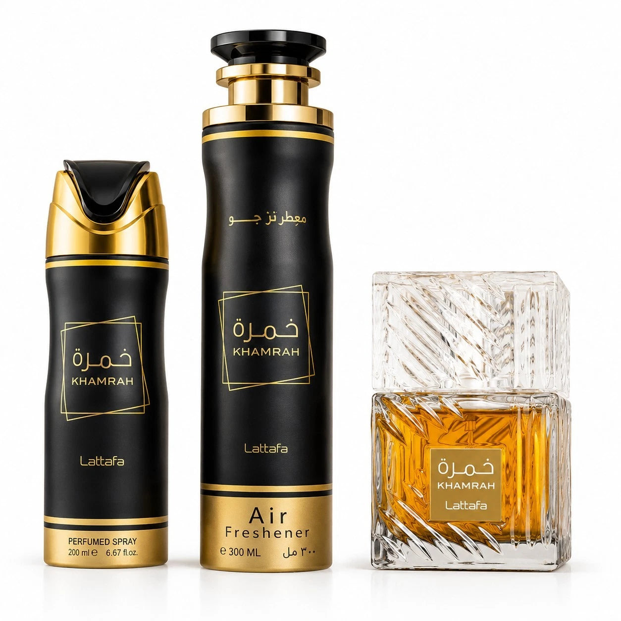 Khamrah Gift Set Eau de Parfum by Lattafa - 100ml + 200ml Deo + 300ml Air Freshener 600ml